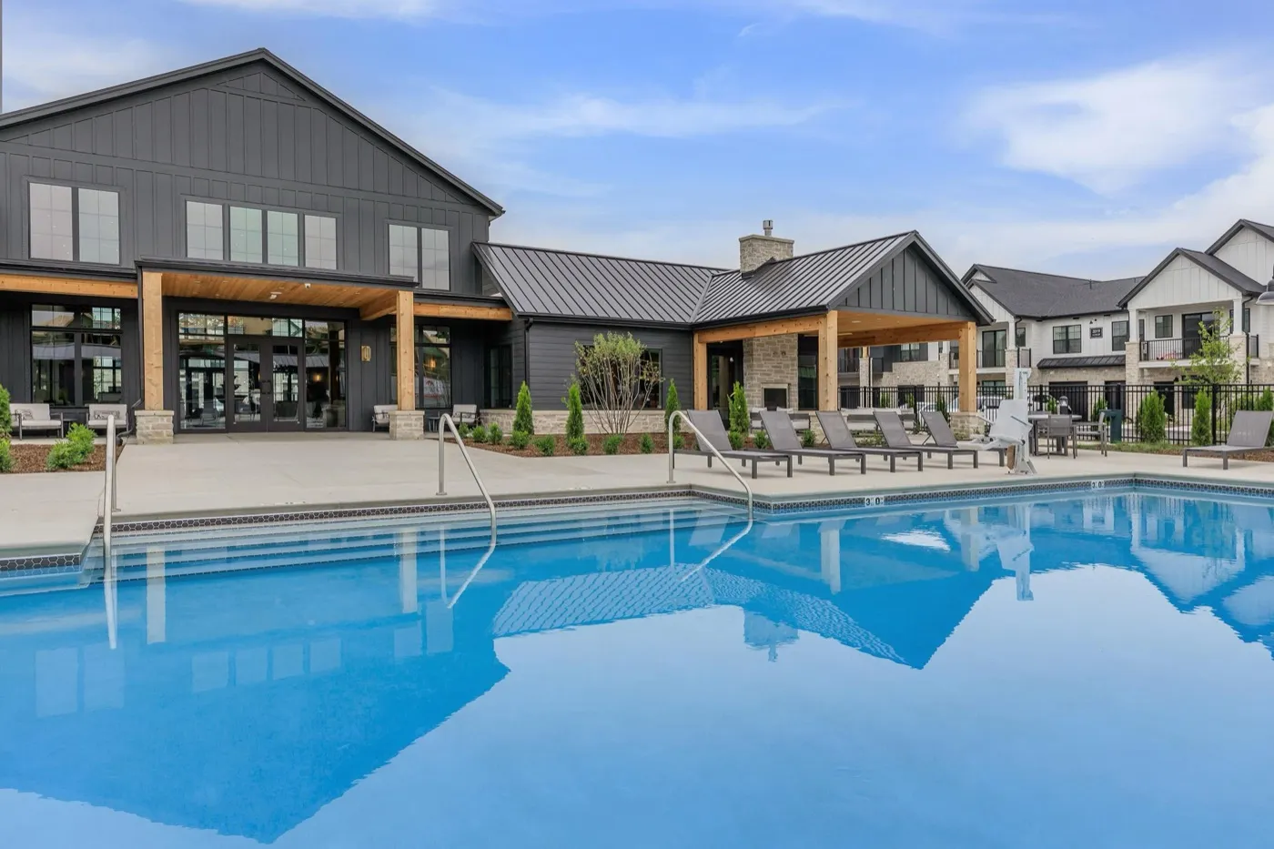 The Belvedere Apartments clubhouse and resort-style pool